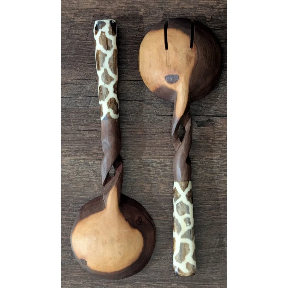 Hand-Carved African Olive Wood Salad Serving Set Giraffe Print Handles